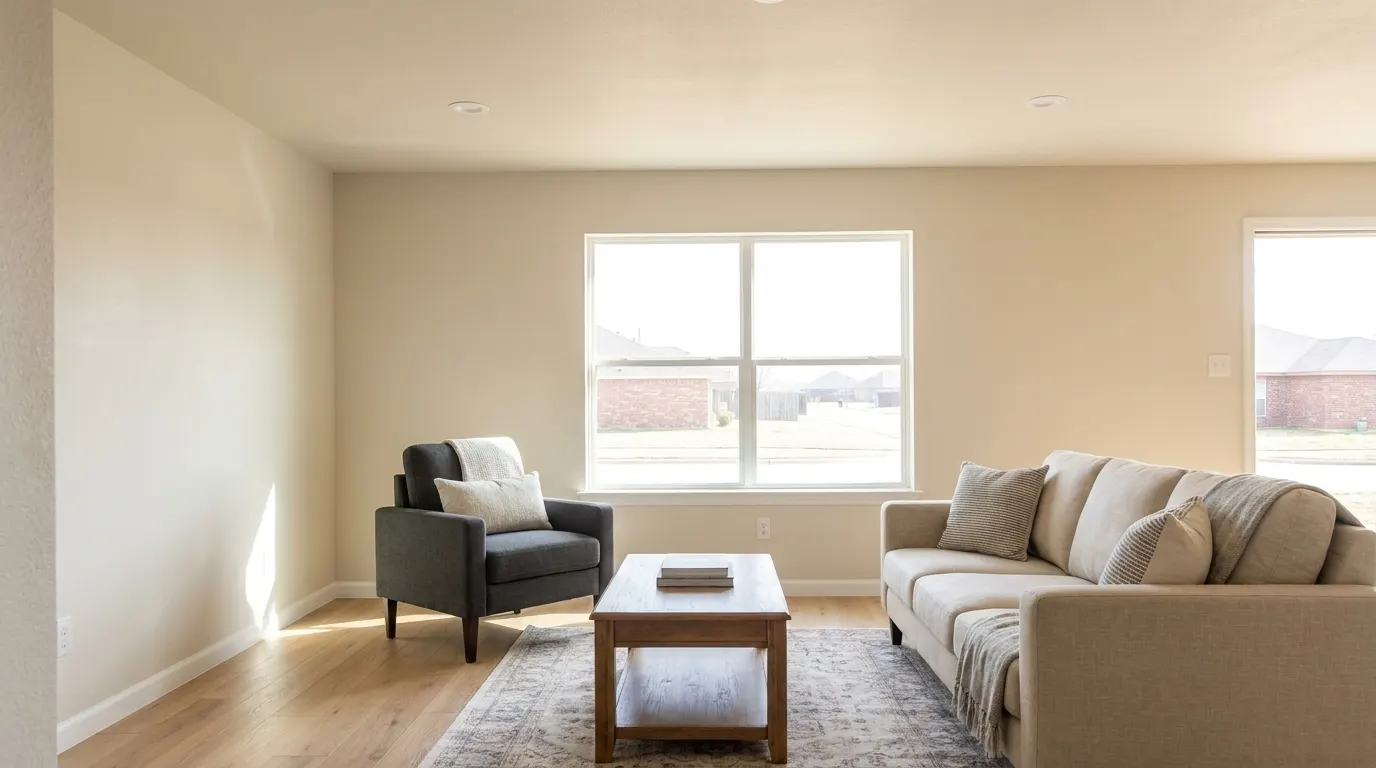 Same living room fully rebuilt and restored after fire damage