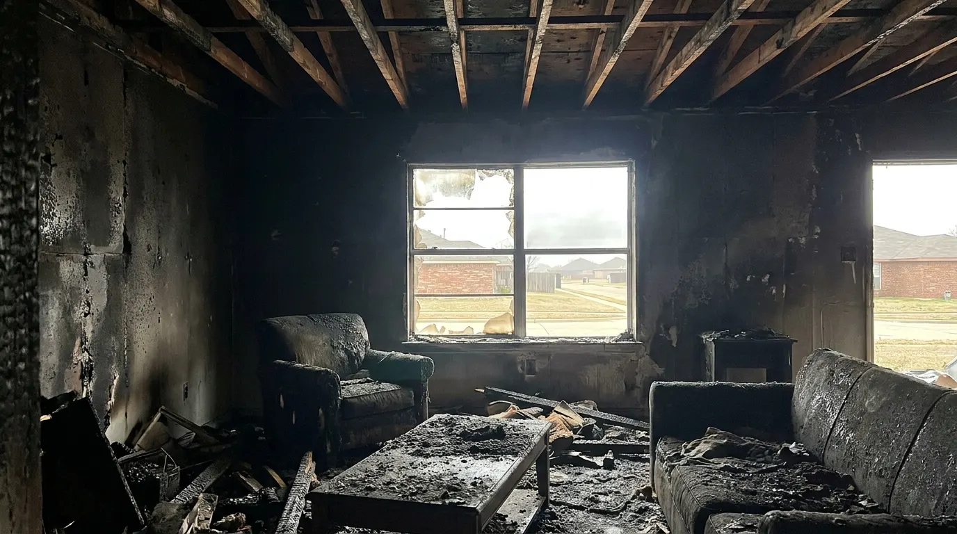 Living room with severe fire damage and charred walls before restoration
