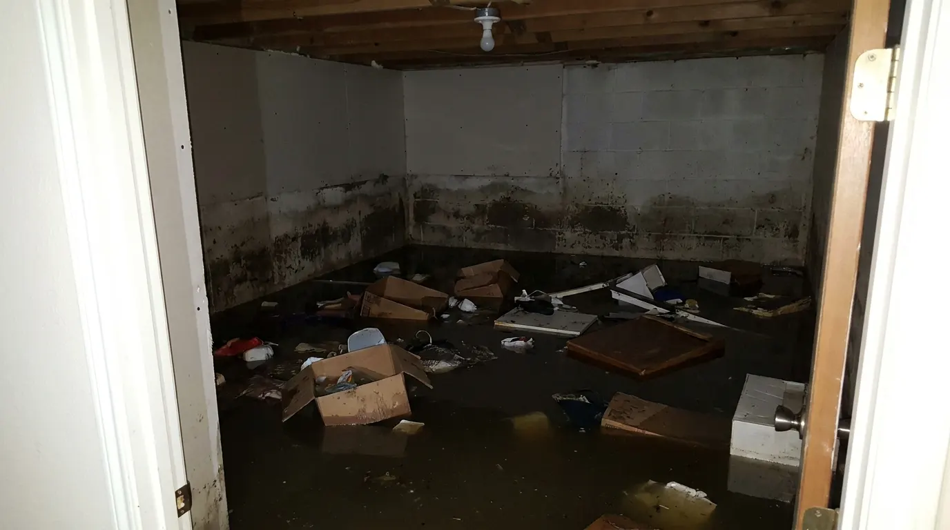 Basement flooded wall to wall by a sewage backup before cleanup