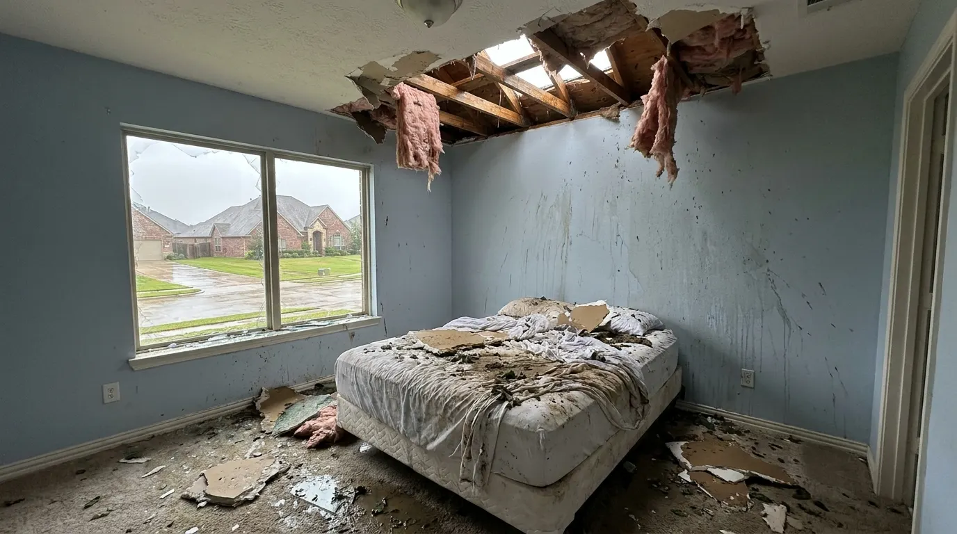 Bedroom with collapsed ceiling and storm debris before repair