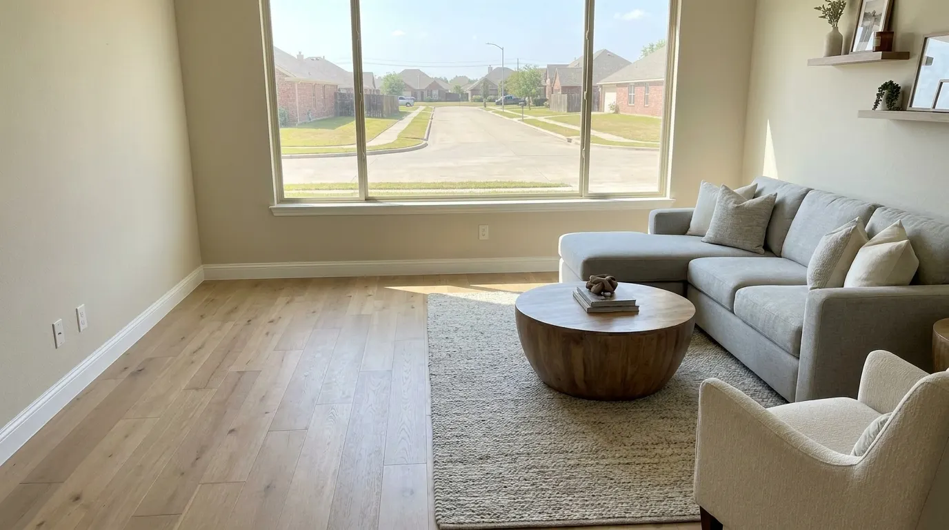 Same living room with new premium plank flooring and repaired walls after restoration