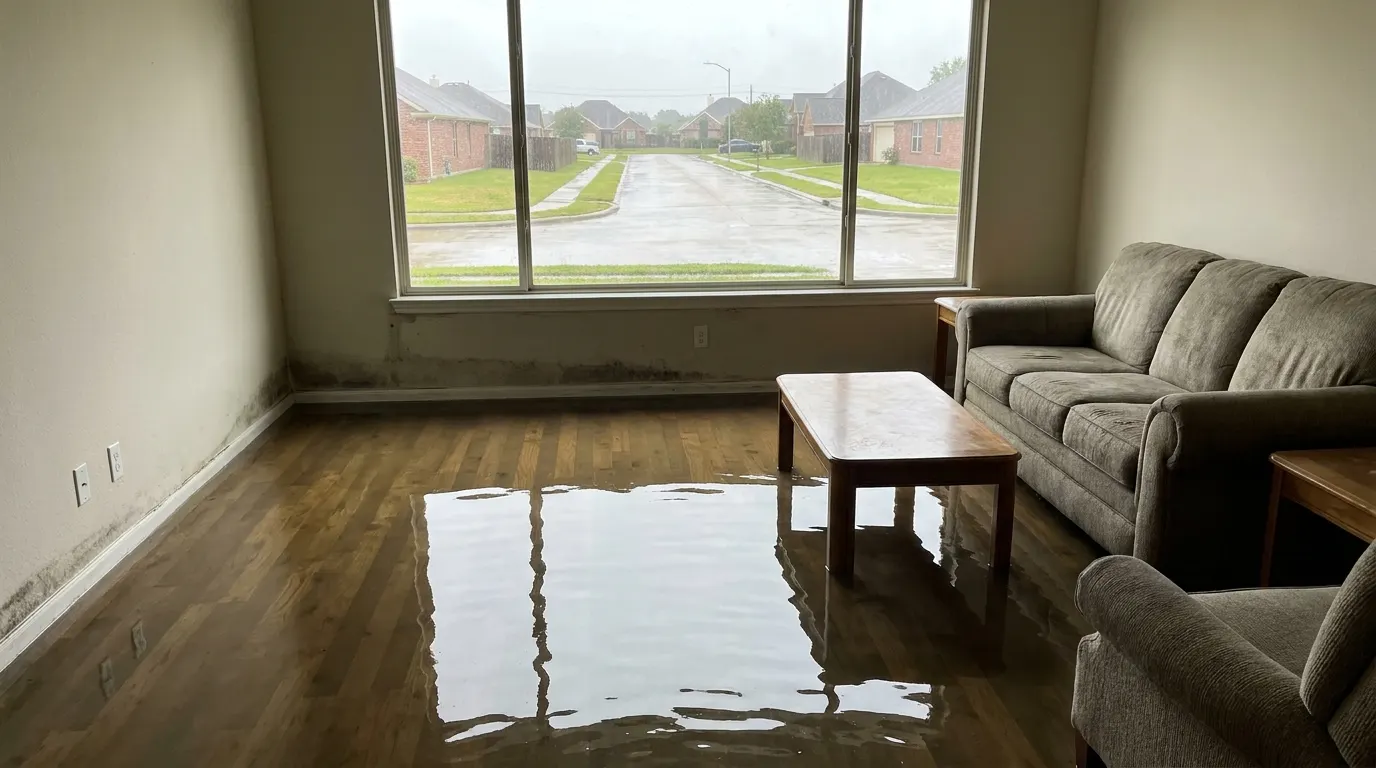 Flooded living room with standing water before restoration